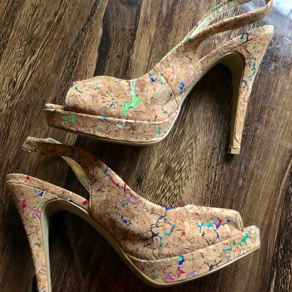 Graffiti styled cork slingback sandals